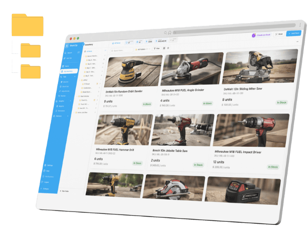 StockZip folder-style inventory with photo cards