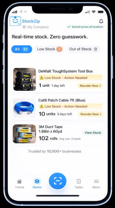StockZip mobile inventory screen with a one-touch scan button and stock status cards