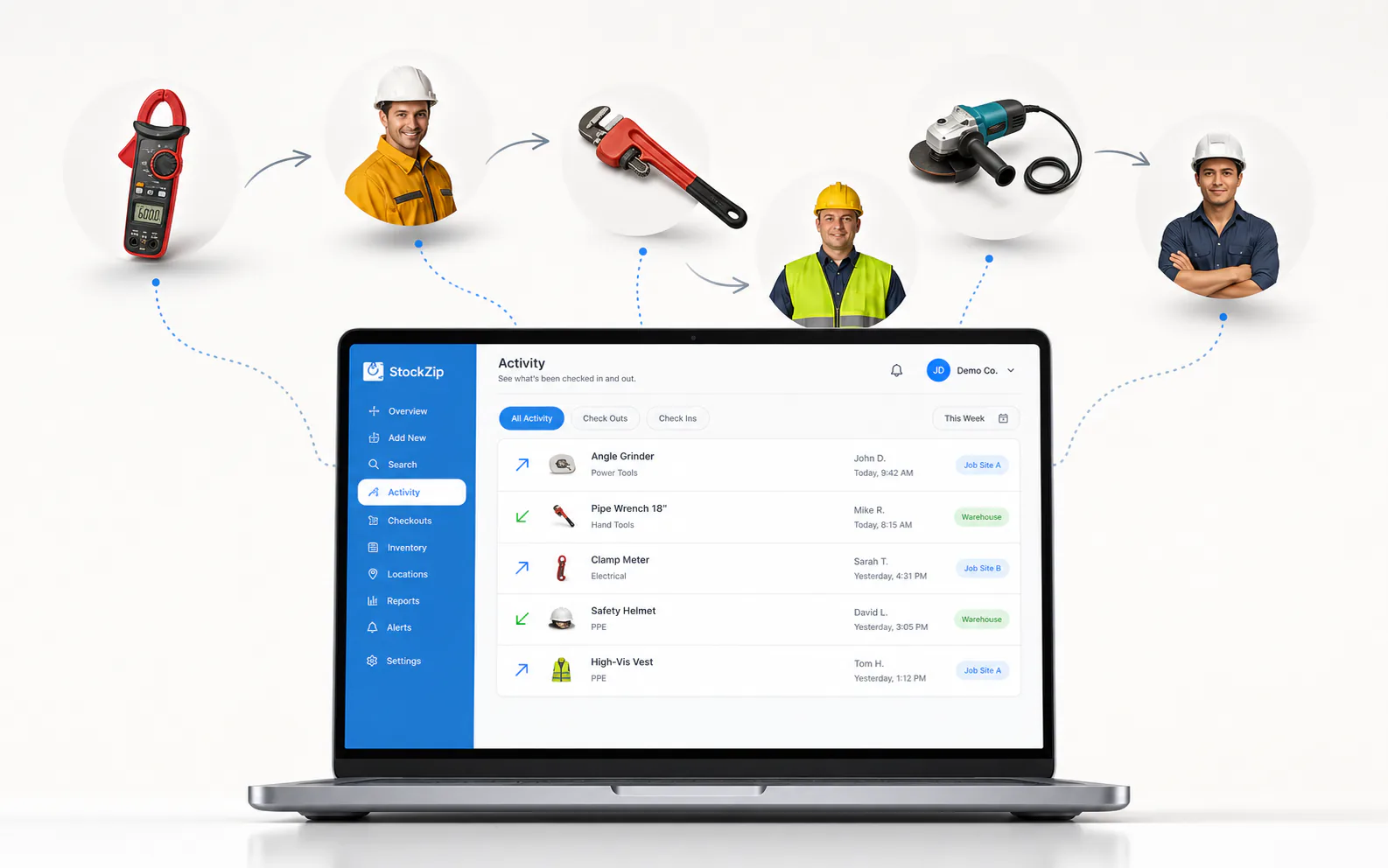 StockZip traceability view for checked-out tools and inventory movements
